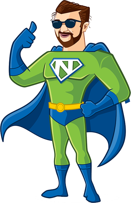 A cartoon superhero of Dan Neuman of Neu Marketing