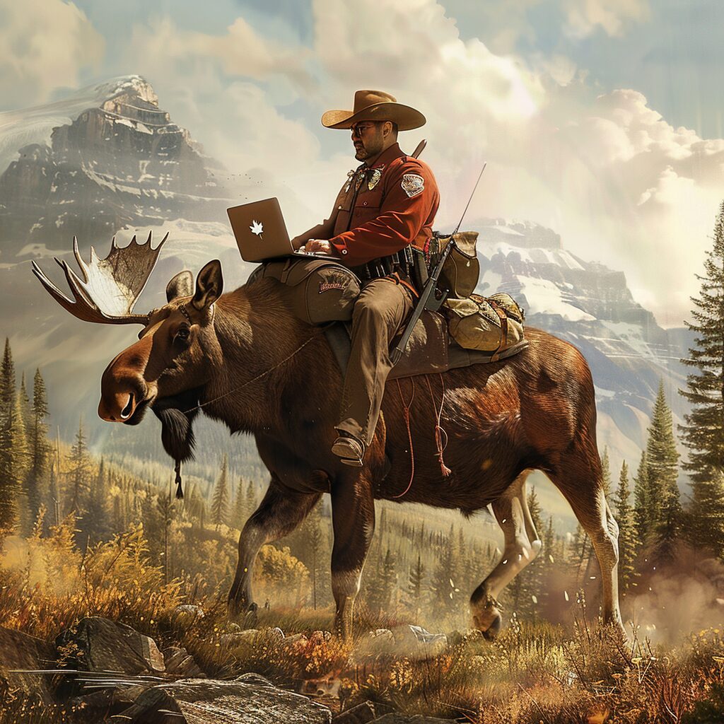 A Canadian mountie does SEO work on top of a moose